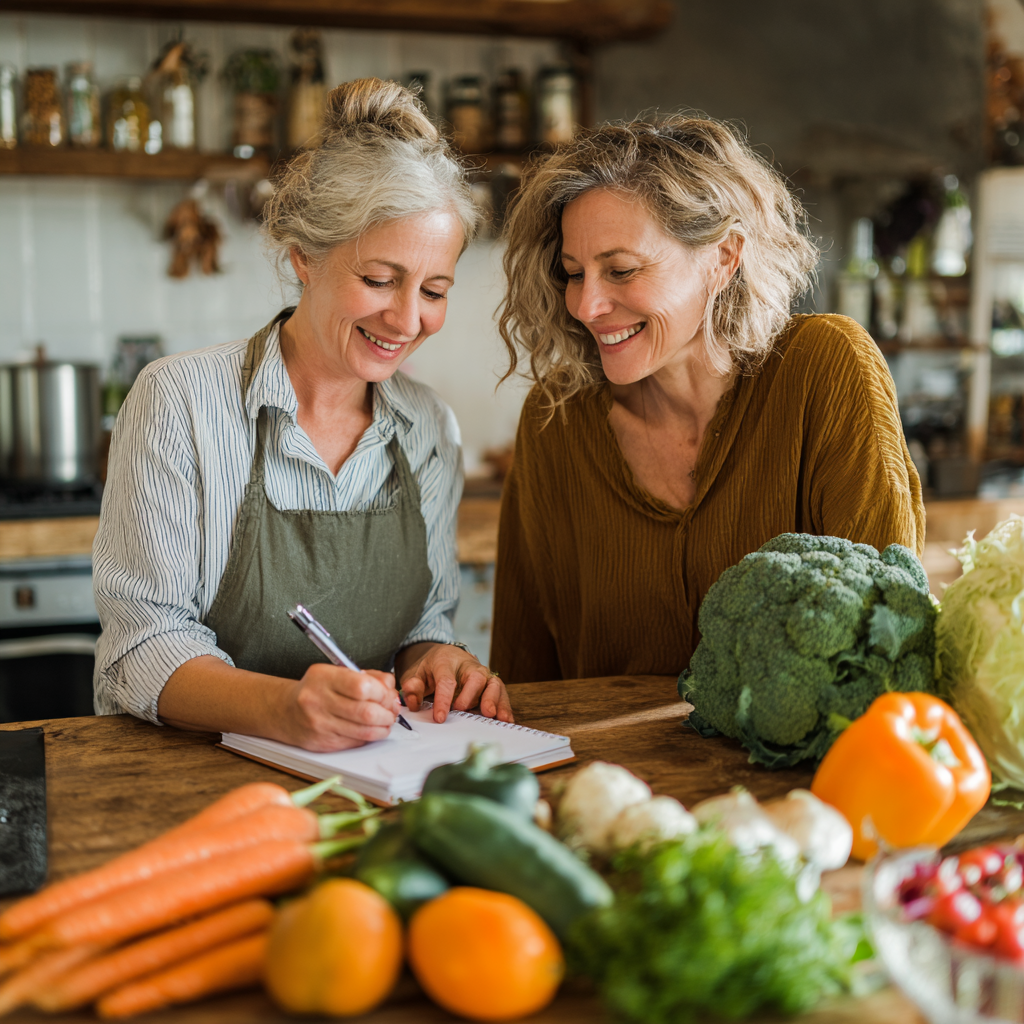 Middle-aged woman planning healthy meals with nutritionist guidance