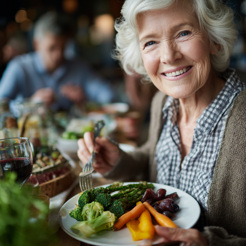 Senior woman enjoying nutritious meal with family planning healthy lifestyle